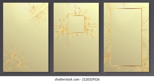 Golden and cream luxury background. Orchids drawn in intricate line art, guilloche curves. Floral pattern for invitations, wedding, elegant cover.