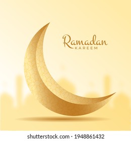 Golden cream ramadan kareem background with moon and blur mosque effect