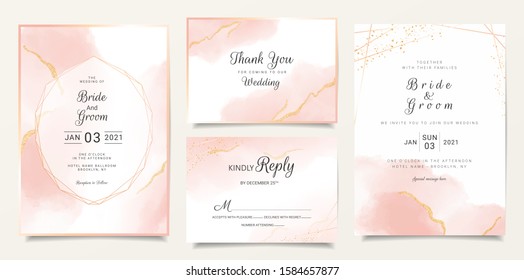 Golden creamy watercolor wedding invitation card template set with golden line decoration. Abstract background save the date, invitation, greeting card, multi-purpose vector