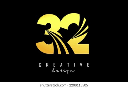 Golden Creative number 32 3 2 logo with leading lines and road concept design. Number with geometric design. Vector Illustration with number and creative cuts.