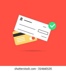 golden credit card with bank check. concept of banking transaction, profit, earnings, payment of bills, invest, wealth. isolated on red background. flat style trend modern design vector illustration