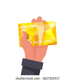 Golden credit card holding in hand. Vip card. Vector illustration, flat design style. Yellow icon isolated on white background. Sign paying. Money on plastic. Payment purchase by credit card. 