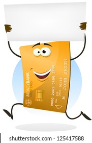 Golden Credit Card Running With Blank Sign/ Illustration of a cartoon happy funny golden international business credit card character running and holding a white advertisement sign