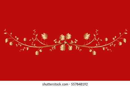 Golden creeper plant border ornaments over red background
