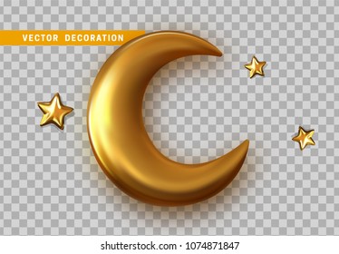 Golden crescent 3d object with transparent background effect. Realistic isolated gold half a month with five end star
