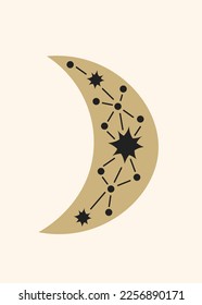 Golden crescent boho greeting card. Simple celestial moon vector illustration with stars and constellation for poster, banner, wall art