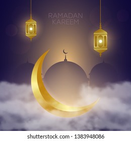 Golden crescent in clouds, lantern Fanus and Mosque. Muslim feast of the holy month of Ramadan Kareem. Vector illustration.