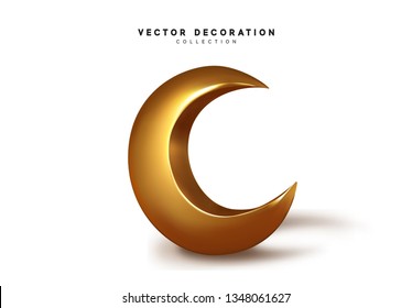 Golden crescent. Gold Lunar month signs symbol in 3d vector