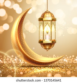 Golden crescent and lantern on ramadan greeting card. Ramazan mubarak or kareem background for arabic holiday. Al-adha and hari raya celebration. Islamic month. Religion poster. Quran theme