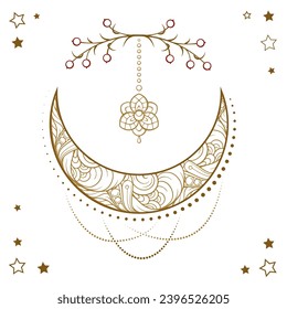 Golden crescent moon boho style illustration. Ethnic style vector graphic.
