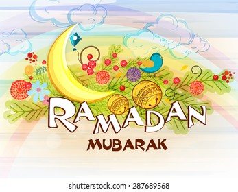 Golden crescent moon with decoration ball and colorful flowers for Islamic holy month of prayers, Ramadan Mubarak celebration.