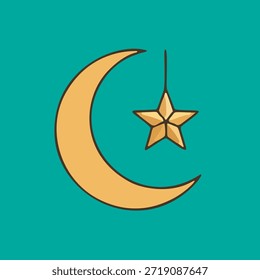 Luna creciente dorada y símbolo decorativo de estrella colgante, que representa temas espirituales o Elementos celestiales