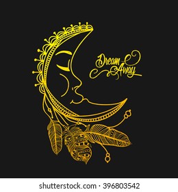Goldener Halbmond mit Federn im Boho-Stil. Kreative doodle Vektorgrafik für Einladungskarte, Tattoo Design, Astrologie und Magic Symbol.