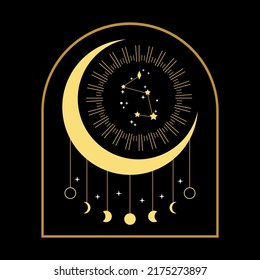 Golden crescent moon with hanging  phases of the moon and constellation stars in light ray mystic magic boho on black background icon vector design.