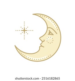 Golden crescent moon with a human face and star on a white background. Celestial symbols. Mystical vector illustration in vintage style.