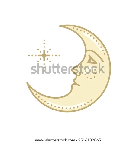 Golden crescent moon with a human face and star on a white background. Celestial symbols. Mystical vector illustration in vintage style.