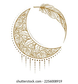 Golden crescent moon illustration. Ethnic style vector graphic.