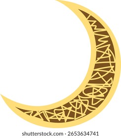 Golden crescent moon with intricate cut-out pattern, symbolic for Islamic holidays like Ramadan and Eid, often used in greeting cards and posters.