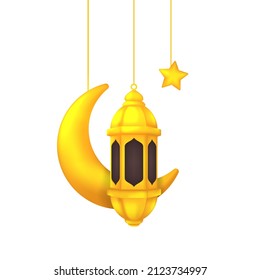 Golden Crescent Moon With Lantern Arabian Style Vector Isolated