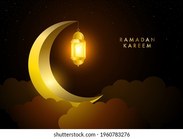 Golden crescent moon and lantern for Islamic greeting card, Ramadan background vector illustration