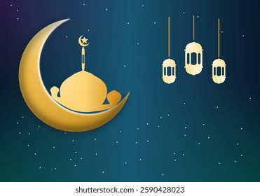  A golden crescent moon and lanterns hanging in the night sky, symbolizing Ramadan’s spiritual essence.
