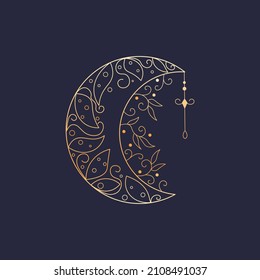 Golden crescent moon with leaves. Floral glowing mystical vector illustration on dark background. Celestial line art. Esoteric elements. Use for astrology, tarot poster, boho fabric print, logo.