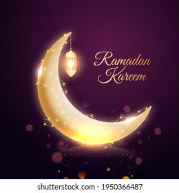 Golden Crescent Moon With Lights Effect And Hanging Lit Lantern On Purple Bokeh Background For Ramadan Kareem Concept.
