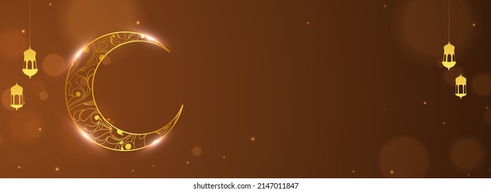 Luna De Creciente Dorado Con Efecto De Luces, Los Farolitos Se Cuelgan En El Fondo De La Boquilla Marrón Y El Espacio De Copia.