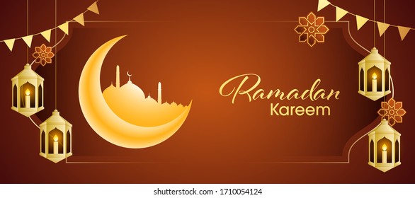 Lua e mesquita do Crescente Dourado, Lanternas Árabes Dourados iluminados, Padrão Floral, Design de Banner para o Mês Sagrado Islâmico do Conceito de Kareem do Ramadã.