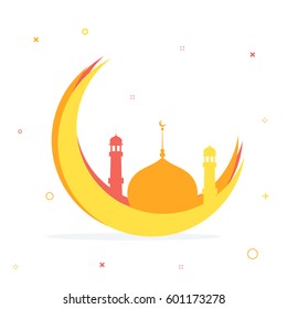 Golden crescent moon with mosque on stars decorated background.