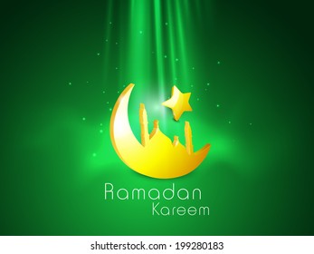 Golden crescent moon with mosque and star on shiny green background for holy month of Muslim community Ramadan Kareem. 