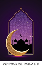 Golden crescent moon with mosque in window vector poster