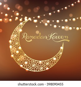 Golden crescent moon on bokeh background.Vector