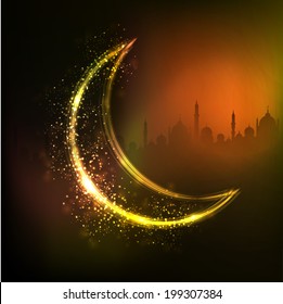 Golden crescent moon on mosque silhouetted shiny abstract background for holy month of Ramadan Kareem. 