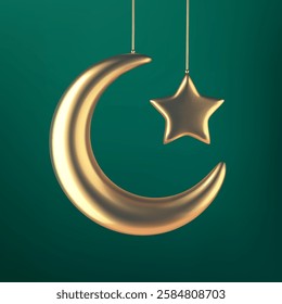 Golden crescent moon Ramadan vector and star hanging on green background. Ramadan Kareem 3d greeting card. Eid Mubarak 3d vector illustration, gold Ramadan symbol