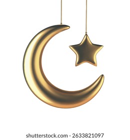 Golden crescent moon Ramadan vector and star hanging. Ramadan Kareem 3d greeting card. Eid Mubarak 3d vector illustration, gold Ramadan symbol