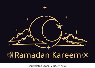 Golden Crescent moon with star and clouds. Ramadan Kareem, Mubarak ornament vector illustration. for greeting card, poster, banner