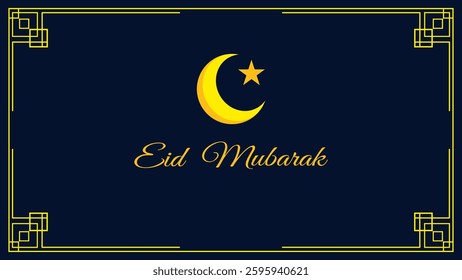 Golden crescent moon and star with "Eid Mubarak" written on a dark blue background, framed with intricate gold borders, suitable for Eid greetings or similar content.