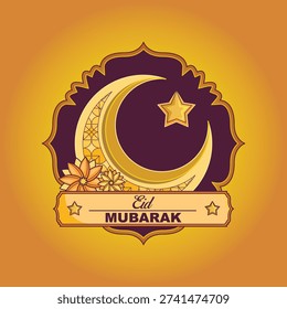 Golden Crescent Moon and Star Eid Mubarak Festive Greeting Badge with Floral Ornaments