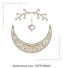 Golden crescent moon temporary tattoo. Ethnic style vector graphic.