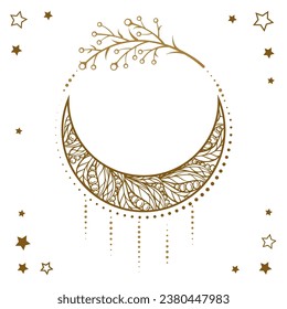 Golden crescent moon temporary tattoo. Ethnic style vector graphic.