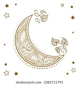 Golden crescent moon temporary tattoo. Ethnic style vector graphic.