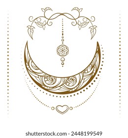 Golden crescent moon temporary tattoo. Ethnic style vector graphic.