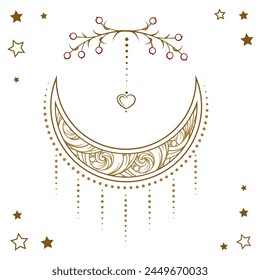 Golden crescent moon temporary tattoo. Ethnic style vector graphic.