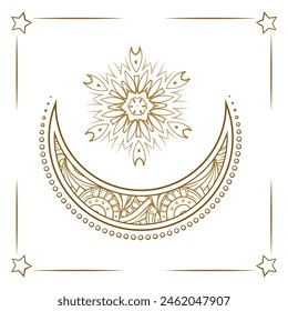 Golden crescent moon temporary tattoo. Ethnic style vector graphic.