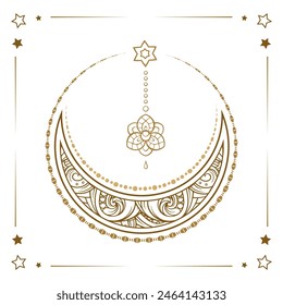 Golden crescent moon temporary tattoo. Ethnic style vector graphic.