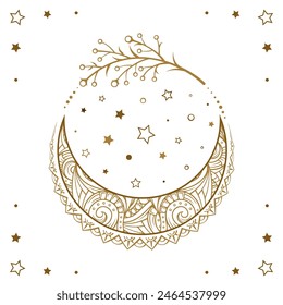 Golden crescent moon temporary tattoo. Ethnic style vector graphic.