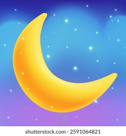 Golden crescent in starry night sky flat color vector illustration. Shiny new moon wishing sleep tight cartoon composition on blue background