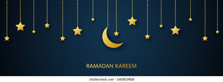 Golden crescent and stars hanging on dark background. Ramadan Kareem arabic banner. Luxury gold design elements for greetings card, poster, invitation. Muslim islamic feast. Vector illustration.