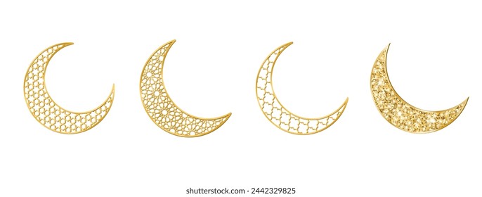 Golden crescent symbols isolated. Descending moon shape. Traditional islamic decoration for Ramadan or Al-Adha. Arabiс geometric pattern, shiny glowing glitter. Vector